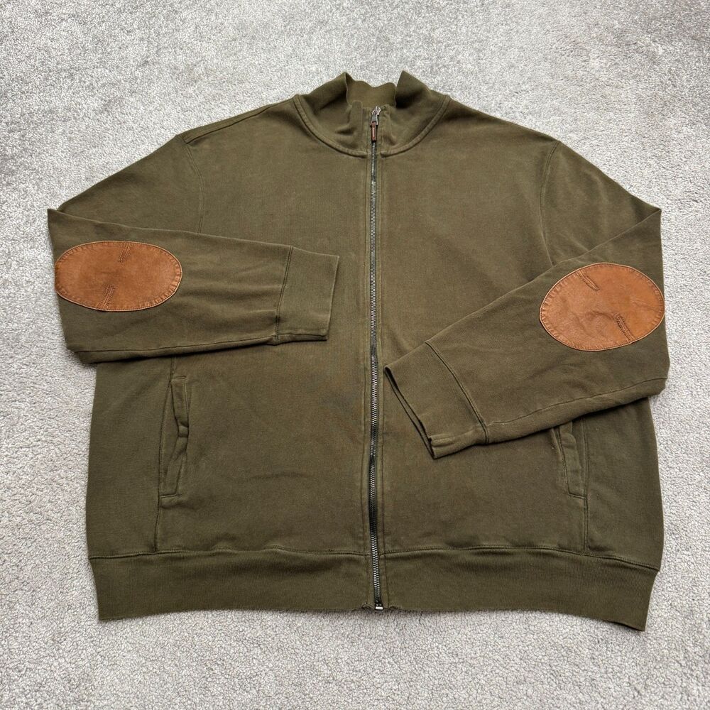 Polo Ralph Lauren Full Zip Sweatshirt Mens 2XL Olive Green Leather Elbow Patch